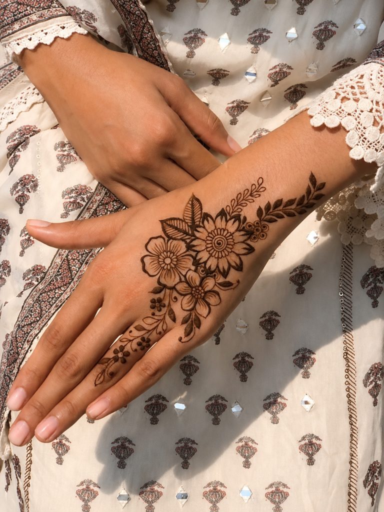 hand drawn body art with brown henna