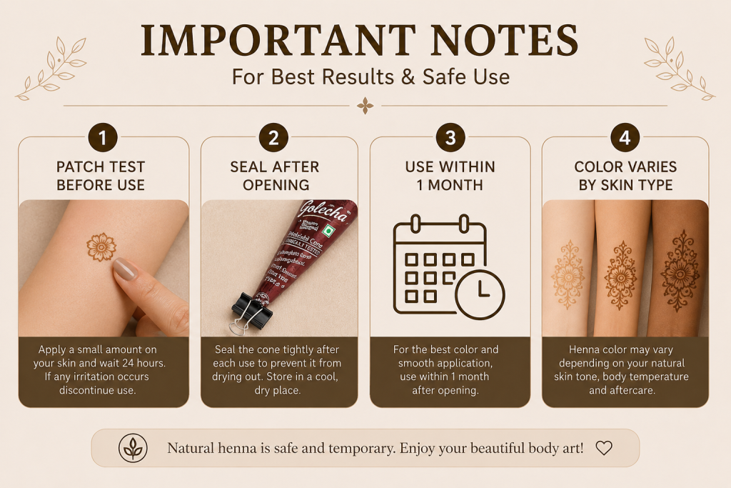 patch test and storage instructions for henna paste