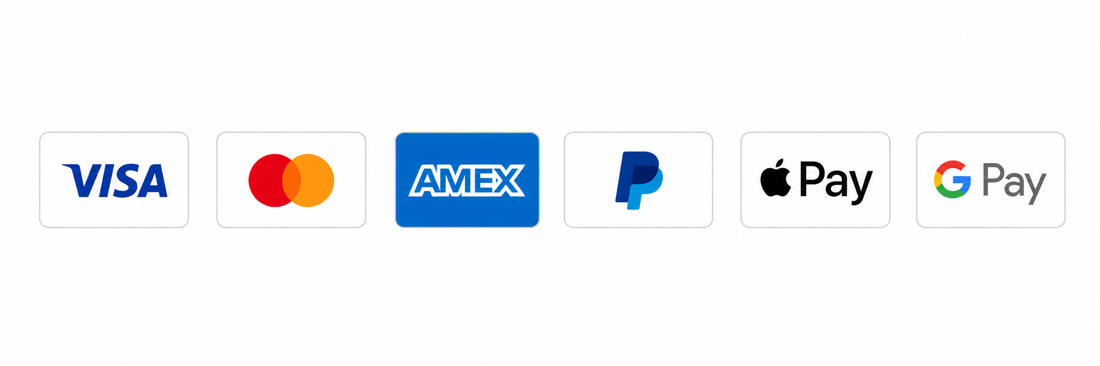 Accepted payment methods: Visa, Mastercard, American Express, PayPal, Apple Pay, Google Pay
